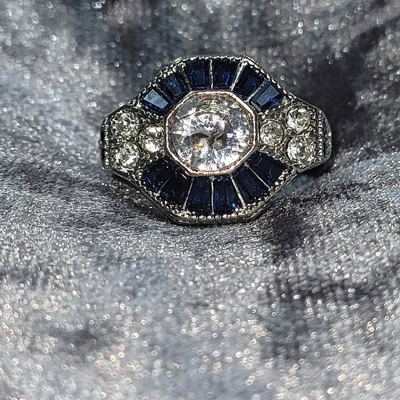 Blue Polygon CZ Zircon Art Deco Ring - Picture 3 of 7